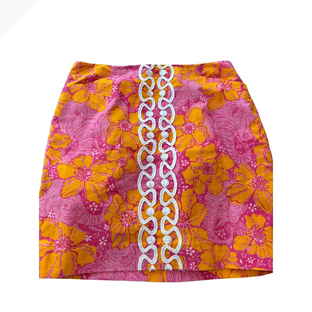 Lilly Pulitzer Pink Orange Floral Elephant Mini Skirt Ric Rac Trim Size 10